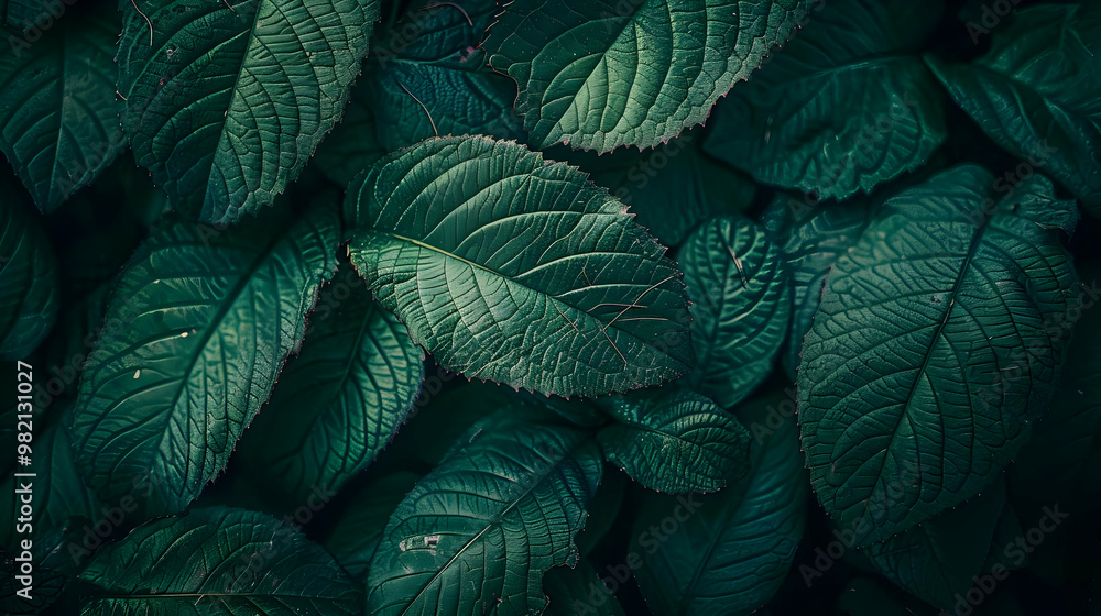 Fototapeta premium Close-up View of Lush Green Leaves with Intricate Veins, a Botanical Texture Background Image