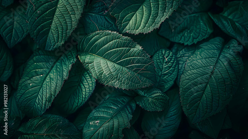 Close-up View of Lush Green Leaves with Intricate Veins, a Botanical Texture Background Image