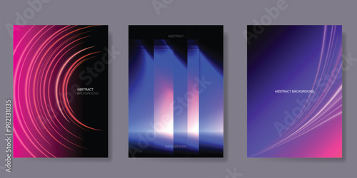 Abstract Technology poster background vector set. Futuristic style cover template with geometric shape, glow wave. Ideal design for social media, website, business, ads.