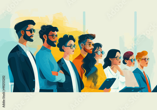 Minimalistic Vector Illustration of a Team Attending an Educational Presentation during the Day, Focus on Business Learning, Corporate Training, Professional Development, and Collaborative Learning