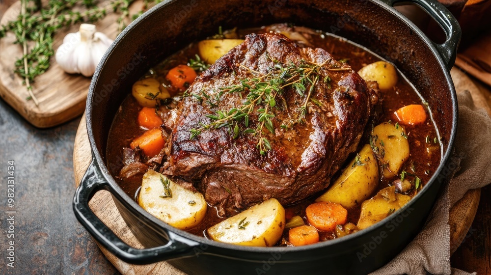 A traditional beef pot roast simmering in a Dutch oven with fresh herbs and vegetables A traditional beef pot roast simmering in a Dutch oven with fresh herbs and vegetables