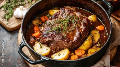 A traditional beef pot roast simmering in a Dutch oven with fresh herbs and vegetables photo