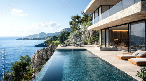 Luxurious villa overlooking the sea with infinity pool and scenic coastal views in a tranquil setting during the day