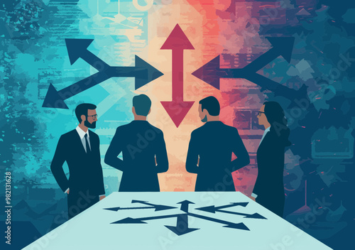 Business Team Facing Multiple Directional Choices in Logic Tree Decision-Making Process Illustration, Concepts of Strategic Planning and Decision Overload, Vector Art