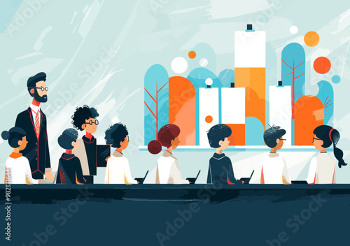 Business Team in a Minimalistic Classroom Listening to Teacher Conducting Presentation on Abstract Concept, Daytime Session, Collaborative Learning