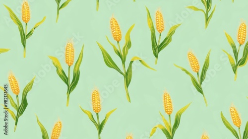 A vibrant wallpaper featuring tiny corn plants with stalks and ears arranged in a repeating pattern on a light green background 