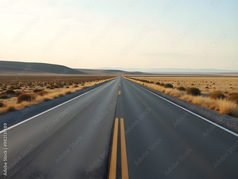 Naklejka premium Expansive Desert Highway Stretching Into Horizon with Clear Yellow Lines, Bordered by Arid Terrain and Textured Golden Grasses, Ideal for Travel, Adventure, and Landscape