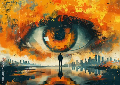 Visionary Businessman Observes Global Motion in Vibrant Urban Setting, Concept of Corporate Insight and Foreseeing Future Trends, Artistic Vector Illustration