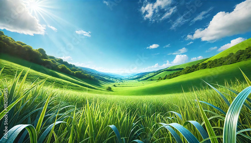 Angle looking up at the vast grassland and clear blue sky