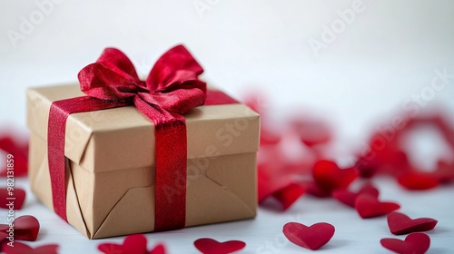 Box with a gift set against a background of red hearts. White isolated background