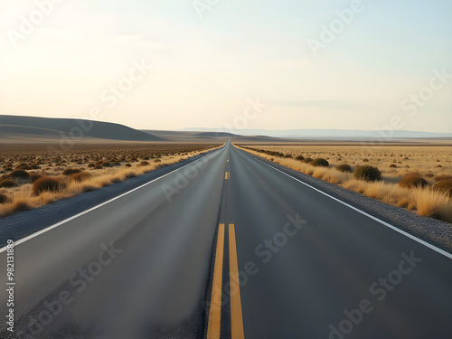 Expansive Desert Highway Stretching Into Horizon with Clear Yellow Lines, Bordered by Arid Terrain and Textured Golden Grasses, Ideal for Travel, Adventure, and Landscape