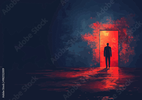 Businessman Opening Secret Door: Concept of Starting and Courage in Minimalist Vector Illustration Depicting a Hidden Opportunity at Night