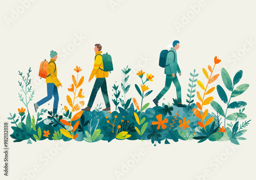 Three Business People Walking Through Growth and Success Journey, Minimalistic Vector Illustration Depicting Career Progress and Team Building amidst Growing Plants and Flowers, Morning Scene