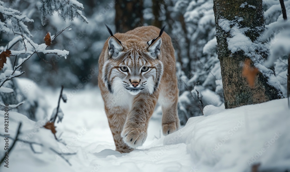 A brown and white cat is walking through the snow A brown and white cat is walking through the snow