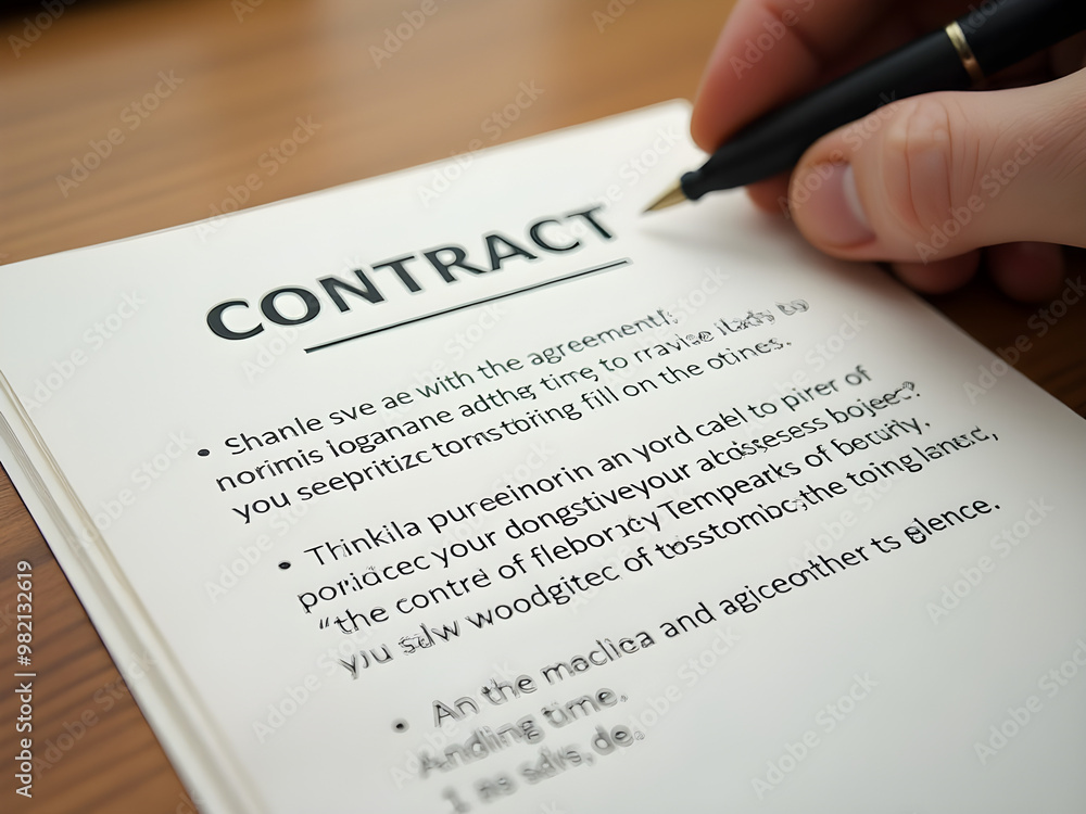 Close-Up of Document Labeled CONTRACT with Bold Text, Hand Holding Pen Above Paper for Signing or Reviewing, Set Against Warm Wooden Surface for Professional and Formal Business Environment Close-Up of Document Labeled CONTRACT with Bold Text, Hand Holding Pen Above Paper for Signing or Reviewing, Set Against Warm Wooden Surface for Professional and Formal Business Environment