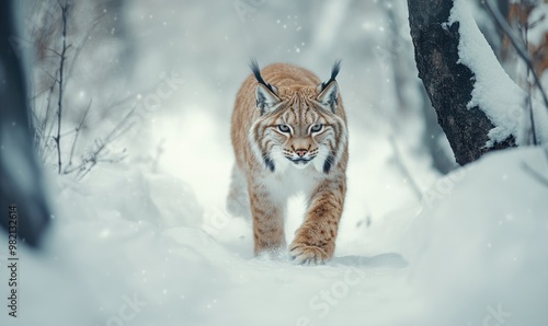 A cat is walking through the snow in the woods