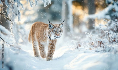 A small brown cat is walking through the snow