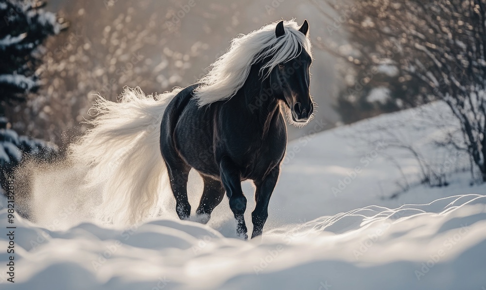 A black horse with white mane and tail runs through the snow A black horse with white mane and tail runs through the snow