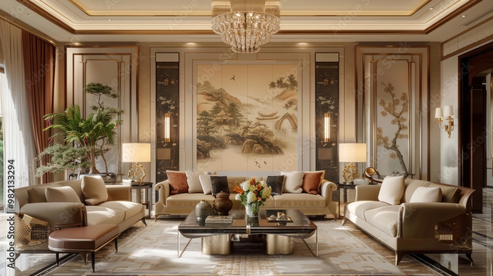 Fototapeta premium 3D rendering, spacious living room design of modern residence, with sofa, tea table, decorative painting, etc