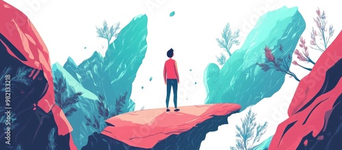 Fantasy and imagination concept featuring a figure envisioning an otherworldly realm Creative daydreamer and explorer depicted in a flat graphic 2d illustration on a white background