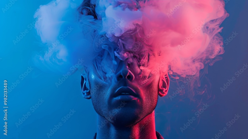 Fototapeta premium Close-up Studio Portrait of a Man Enveloped in Pink and Blue Vapor from Electronic Cigarette