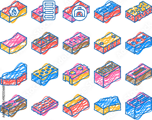 brick for building construction doodle icons set vector. sketch line art refractory and defective brick, handmade and facing of building exterior, old damaged line. cement material color illustrations