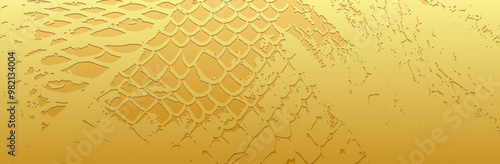 Gold metallic texture background, banner, cover design. Marble texture. Snake 3D pattern with spots, cracks, scratches, abrasions. Grunge overlay layer, embossing.
