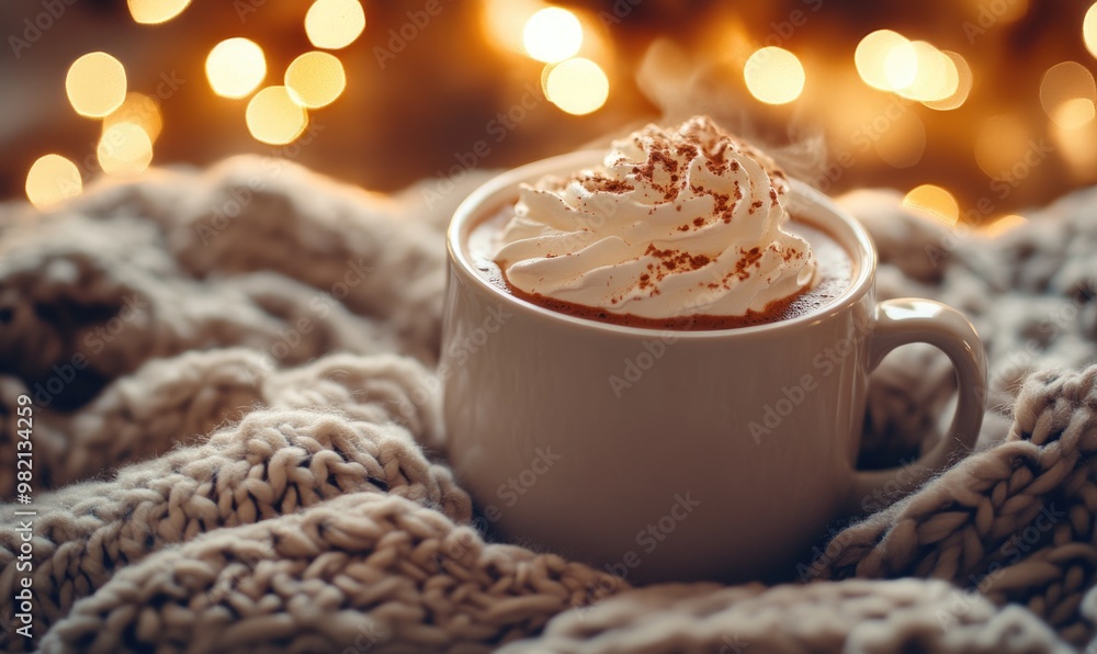 A white coffee cup with whipped cream on top sits on a blanket A white coffee cup with whipped cream on top sits on a blanket