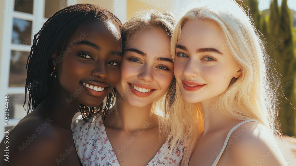 Three friends stand close together, smiling broadly against a backdrop of sunshine and greenery, capturing a moment of joy and friendship. Three friends stand close together, smiling broadly against a backdrop of sunshine and greenery, capturing a moment of joy and friendship.