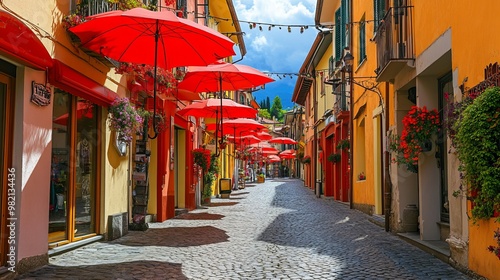 Luino, Italy: Charming street in the historic center with colorful shops and red umbrellas hanging overhead