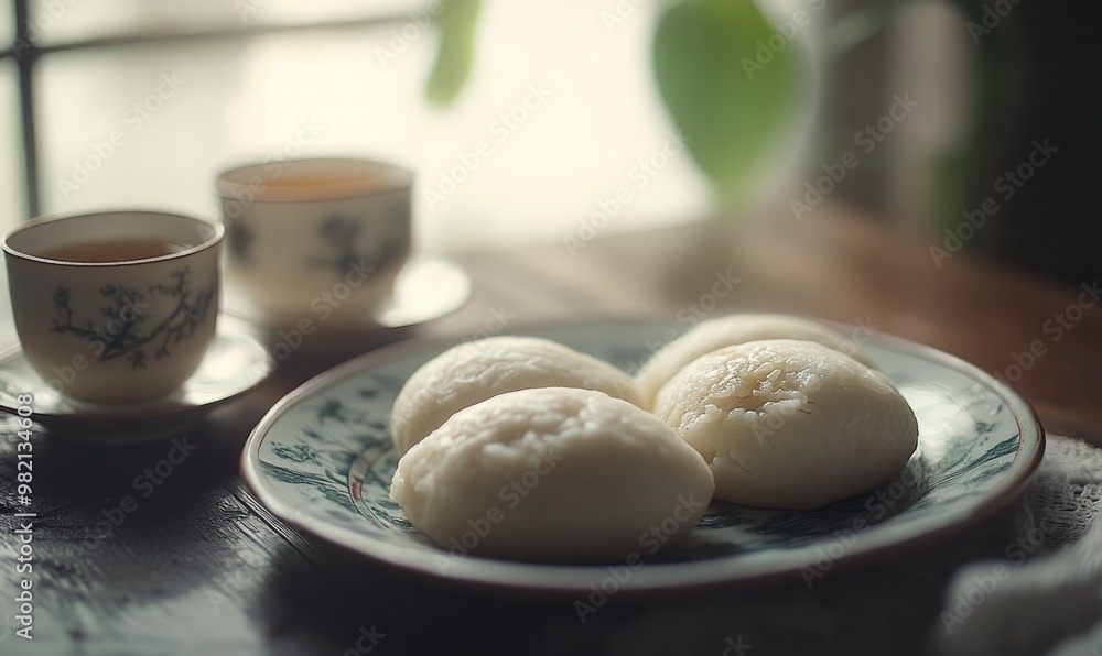 A plate of four white pastries sits on a wooden table next to two cups A plate of four white pastries sits on a wooden table next to two cups