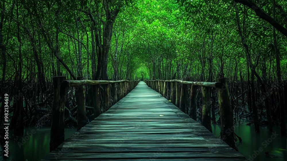 Obraz premium Wooden bridge walkway in the middle of a mangrove forest