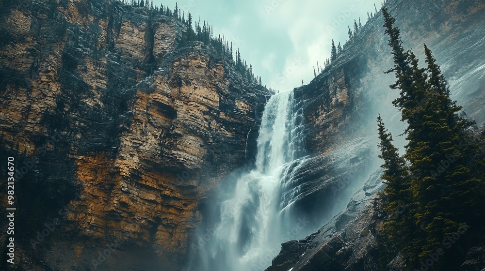 Massive spray from a waterfall cascading down a huge stone wall in the Canadian Rockies Massive spray from a waterfall cascading down a huge stone wall in the Canadian Rockies