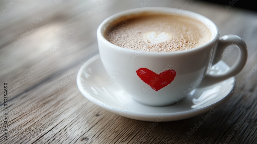 Red lipstick mark on a white coffee cup, symbolizing a morning coffee break in a relaxed atmosphere. Red lipstick mark on a white coffee cup, symbolizing a morning coffee break in a relaxed atmosphere.