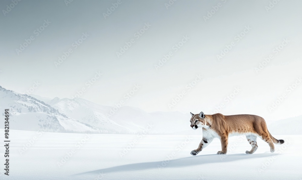 Fototapeta premium A brown and white cat is walking across a snowy field