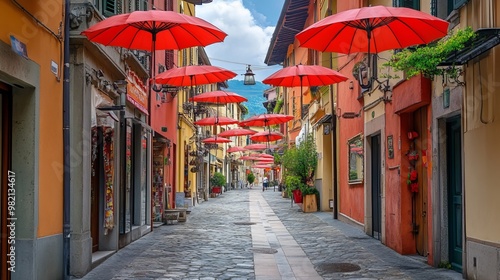 Luino, Italy: Charming street in the historic center with colorful shops and red umbrellas hanging overhead