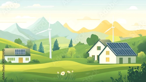 Illustration of a green energy powered home with solar panels and a wind turbine.