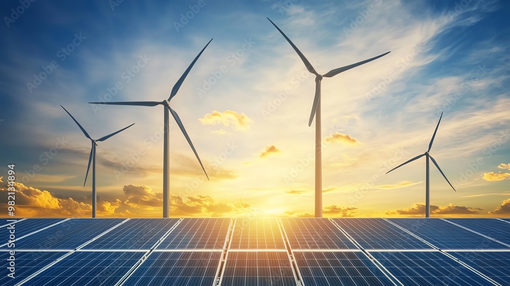 A field of solar panels with wind turbines in the background at sunset. A field of solar panels with wind turbines in the background at sunset.