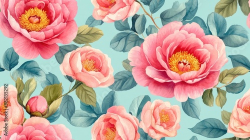 Fototapeta Naklejka Na Ścianę i Meble -  Vintage Peony Eco Rapport Exotic Swimwear Design Aquarelle Print Summer Blossom Background Botanical Floral Illustration Watercolor Roses Peony and Leaves Seamless Pattern