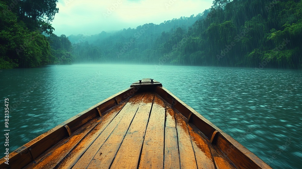 Fototapeta premium Riding on a wooden boat in the drizzle