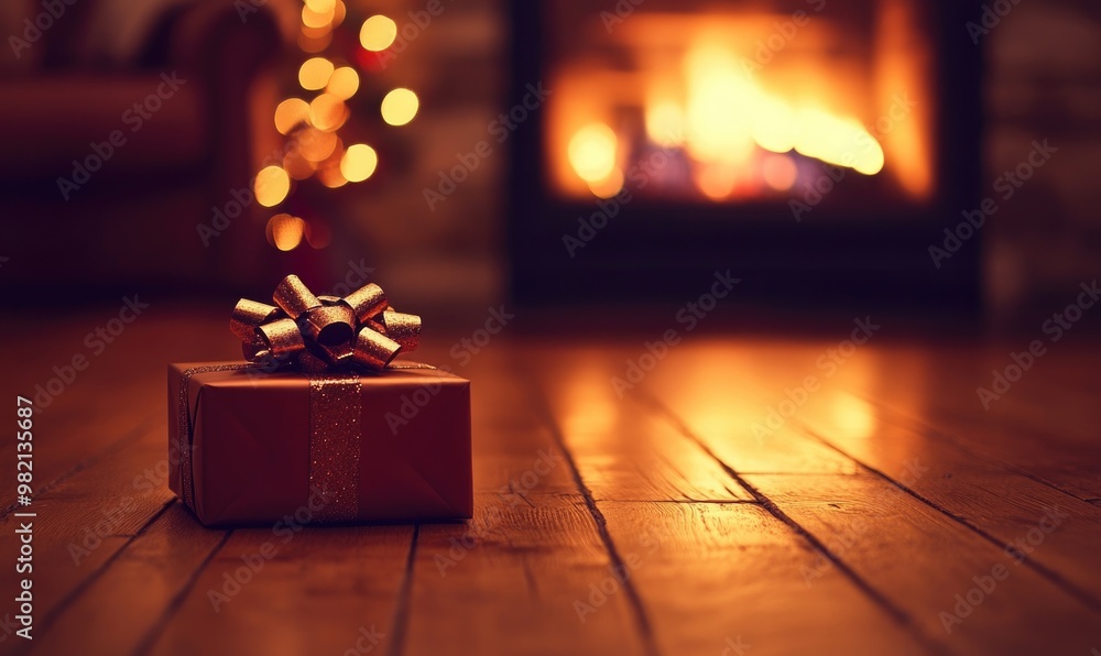 A gold box with a red ribbon sits on a wooden floor in front of a fireplace A gold box with a red ribbon sits on a wooden floor in front of a fireplace
