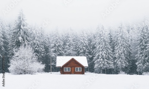 A small cabin is surrounded by trees covered in snow