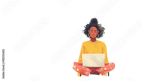 A woman is working on her laptop in a casual setting. She's sitting down with her legs crossed and is focused on the screen. She is wearing a yellow sweater and red pants.