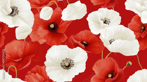 Charming floral backdrop featuring a seamless pattern of poppy flowers on a red surface