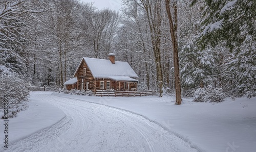 A log cabin in the woods with a snow covered driveway