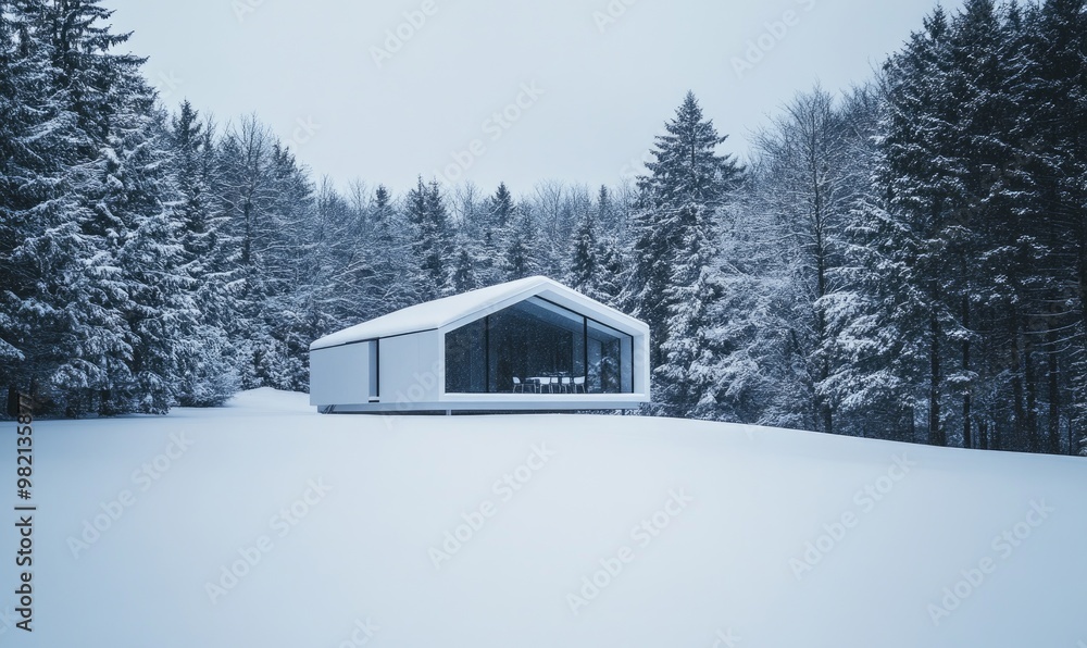 A white house with a large window sits in a snowy field A white house with a large window sits in a snowy field
