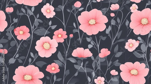 Wallpaper Mural Seamless floral pattern featuring pink flowers on a gray background Torontodigital.ca