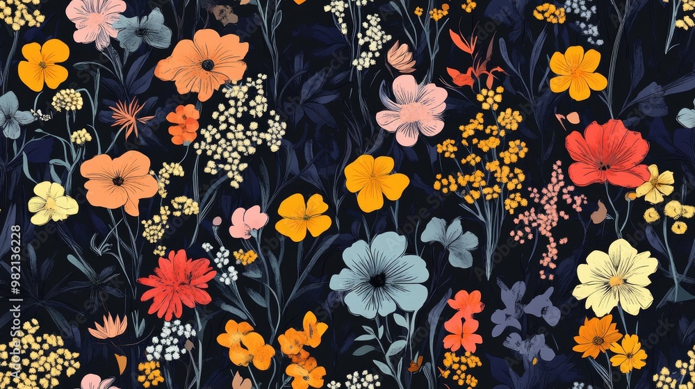 Seamless floral pattern design featuring various flowers Seamless floral pattern design featuring various flowers