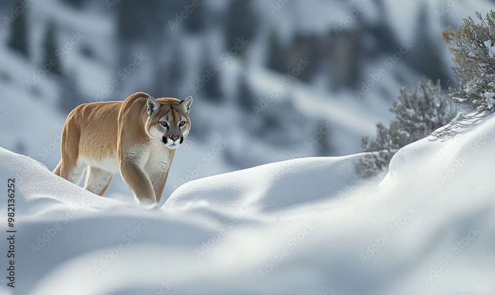 A brown and white cat is walking through the snow A brown and white cat is walking through the snow