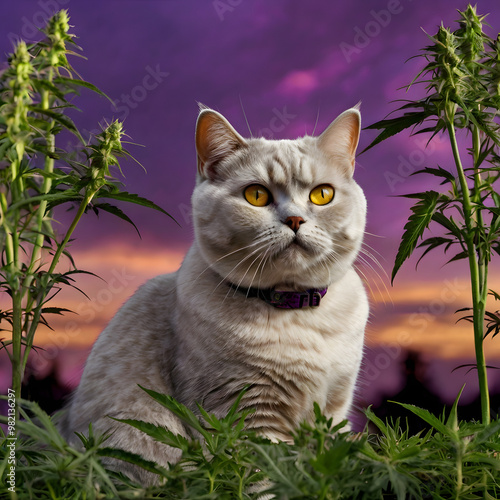 British Shorthair Cat sit in cannabis field photo